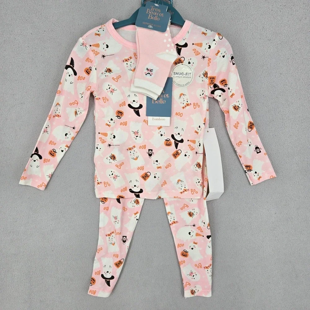 Tres Beau et Belle New 24M Ghost Pajama Set Toddler‎ Girls Halloween Bamboo Pink
